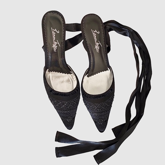 RAMON TENZA BLACK SATIN POINTY TOE KITTEN HEEL SHOE WITH ANKLE RIBBON - Picture 14 of 15